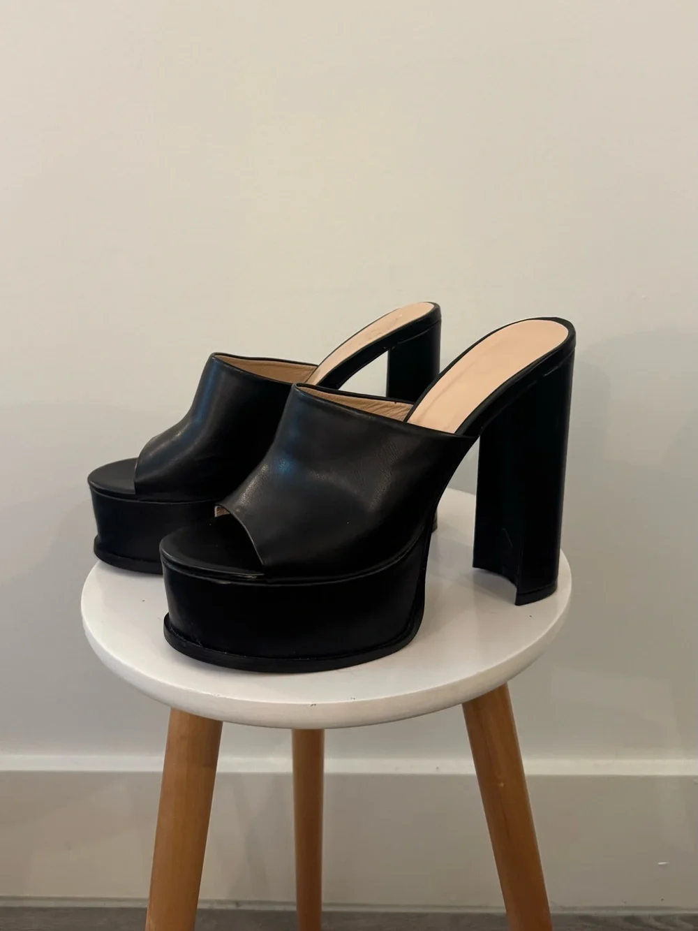 Black Leather Platform Mule Heels - Women